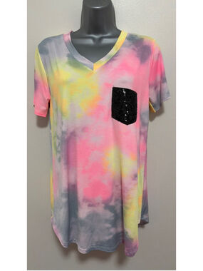 NWOT Heimish Multi Color Tie Dye top with sequins pocket size medium